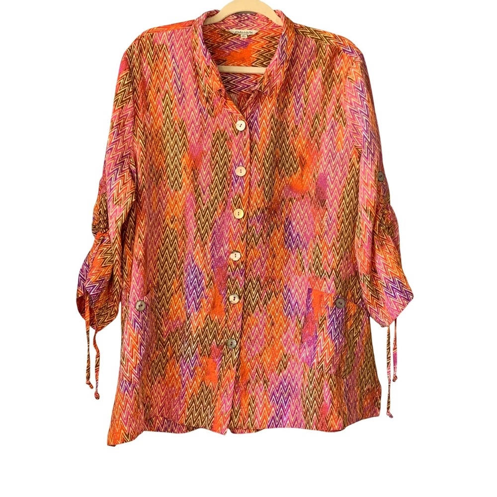 John Mark XL Button Down Chevron Print Orange Pink Purple‎ Shirt Tunic Top